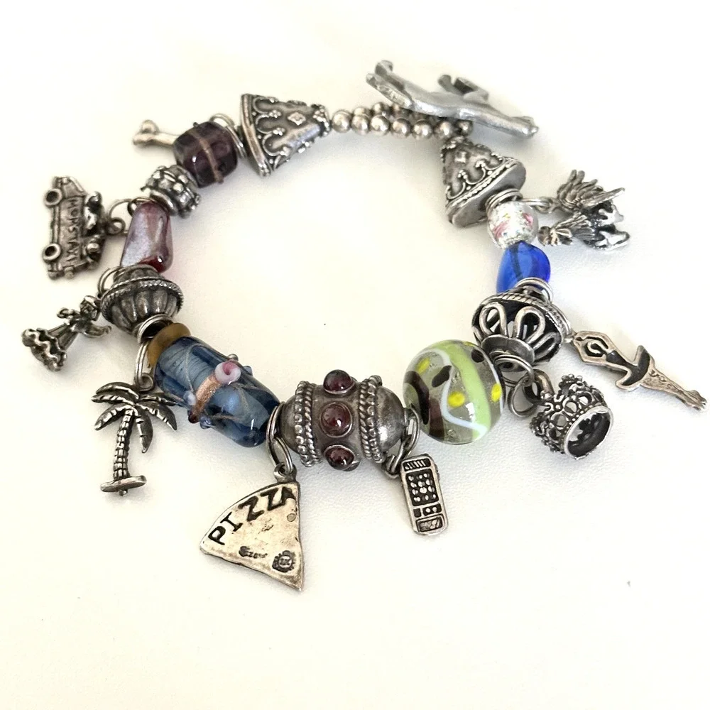 Vintage 925 Sterling Silver Garnet Murano Art Glass Loaded Charm Bracelet 7